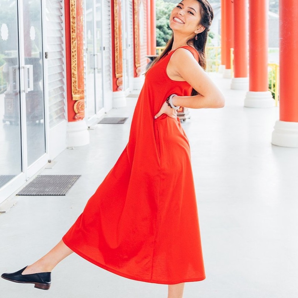 UNIQLO  MERCERIZED COTTON V NECK A LINE LONG DRESS